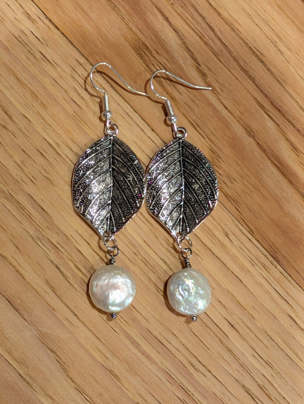 Silver Leaf and Pearl Drop Earrings